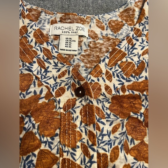 Rachel Zoe Linen Top Mustard floral Print Cap Sleeve Relax Fit Babydoll Prairie - Picture 5 of 7